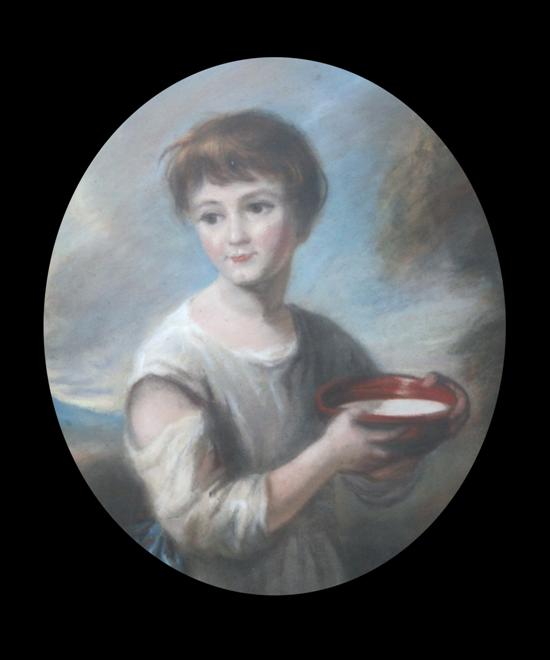 19th century English School Girl with a monkey and Girl with a bowl of milk, 17.5 x 14in.